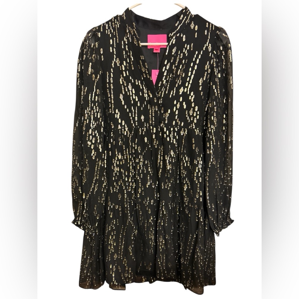 Lilly Pulitzer Winona Silk Swing Dress Onyx Fish Clip Gold Chiffon Size S NWT - Picture 3 of 13